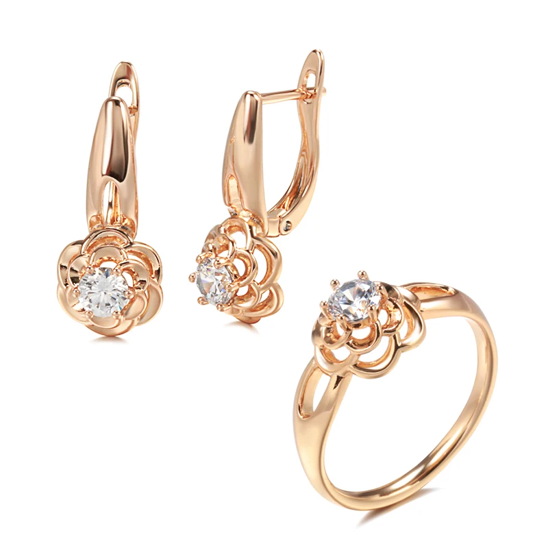 Kinel Trend Unusual Crystal Flower Earrings Ring Sets 585 Rose Gold Natural Zircon Drop Earrings Creative Wedding Jewelry Set