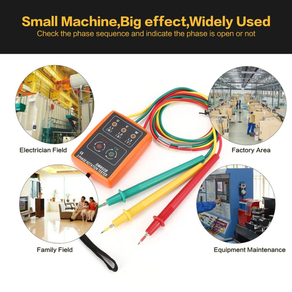 SM852B 60V-600V AC 3 Phase Rotation Tester Digital Phase Indicator Detector LED Buzzer Phase Sequence Meter Voltage Tester