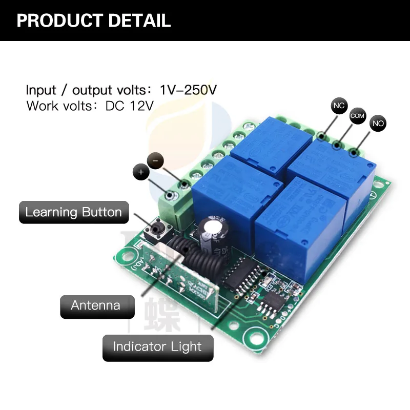 Interruptor de Control remoto inalámbrico, módulo receptor de relé para rf 433MHz, iluminación de garaje, cortina eléctrica, cc 12V 10A 4CH