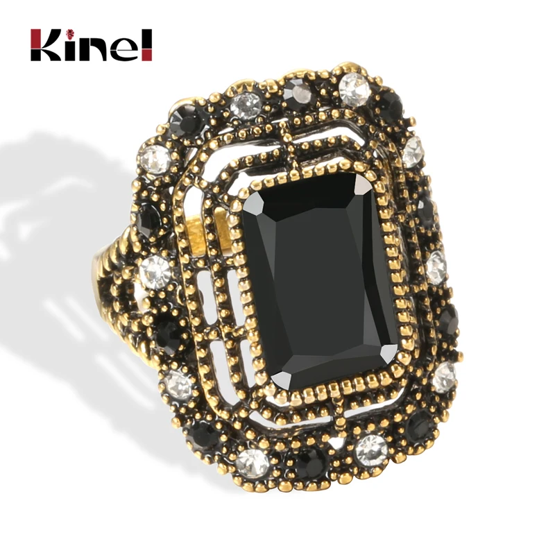 Kinel Big Black Stone Ring For Women Vintage Look Antique Gold Fashion Crystal Flower Bride Wedding Rings Ethnic Boho Jewelry