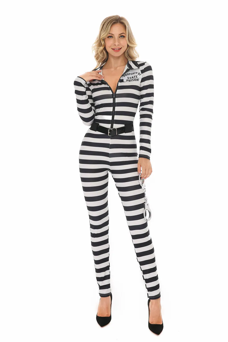 Volwassen Vrouwen Gestreept Gevangenenkostuum Kostuum Cosplay Gevangenis Spel Jumpsuits Uniform Outfits Voor Purim Halloween Feest Verkleden