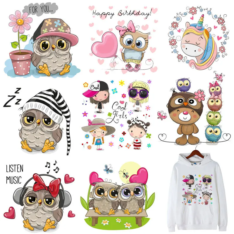 Iron on Cute Animal patches for Clothing Cartoon Owls Unicorn parches for Backpack Jeans Coat Thermal Transfer Stickers F