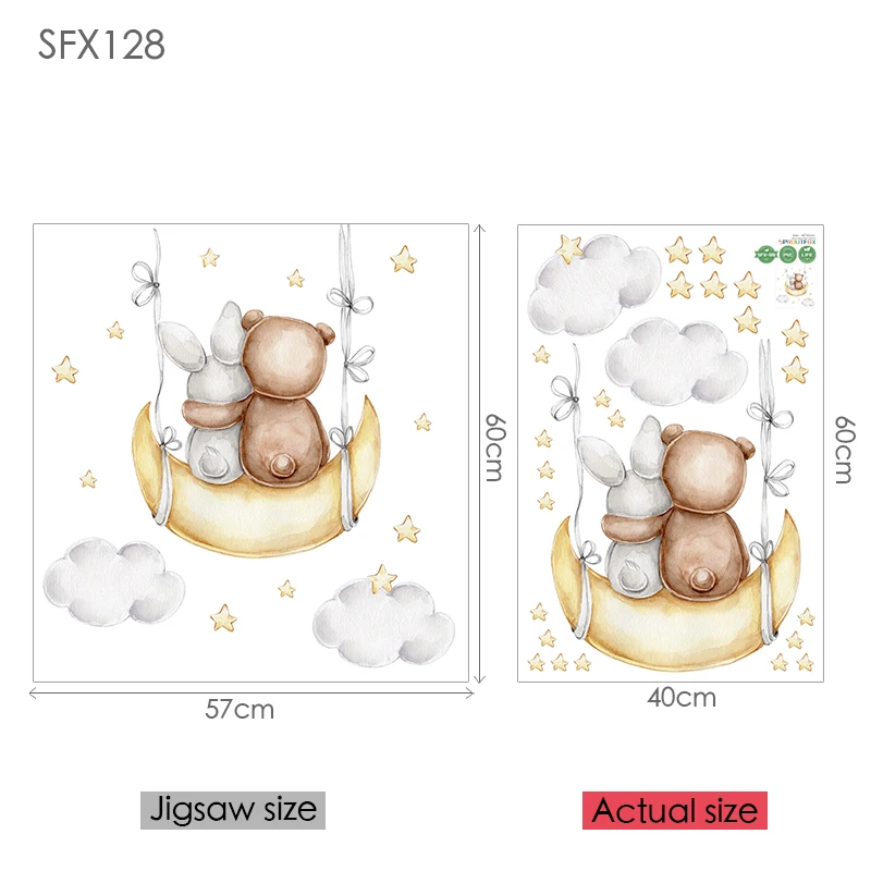 Cute Bear Moon Star Wall Stickers for Kids Rooms Cartoon Animal Wall Decals Removable Vinyl Art Mural for Nursery Girls Boy
