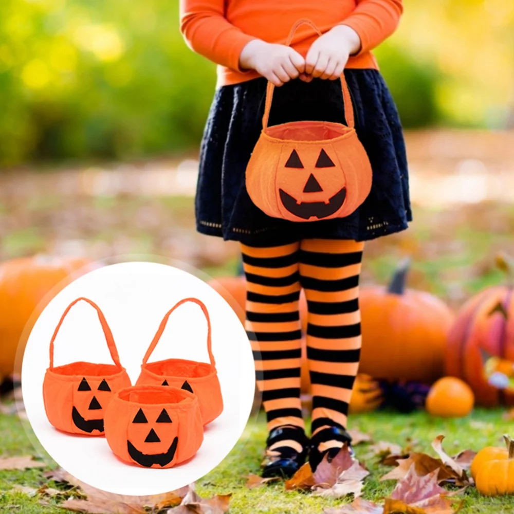 Cute Halloween Candy Bag Decorative Portable Handle Pumpkin Bag Kindergarten Candy Halloween Scene Arrangement Cloth Gift Bag