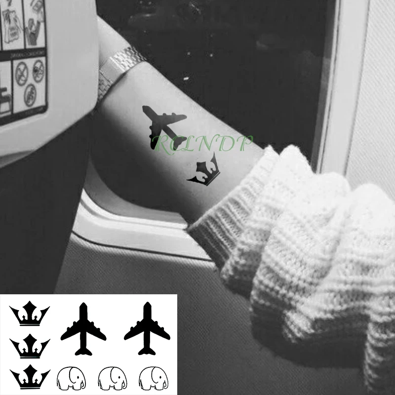 Waterproof Temporary Tattoo Sticker black aircraft Elephant Crown tattoo flash tatoo fake Water Transfer  tatto for Woman Man