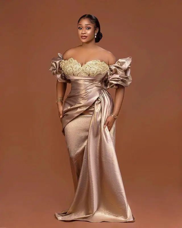 Aso Ebi Plus Size Prom Dresses Plus Size Lace Appliques Off The Shoulder Ruffles Satin Evening Gowns African Party Dress 2022