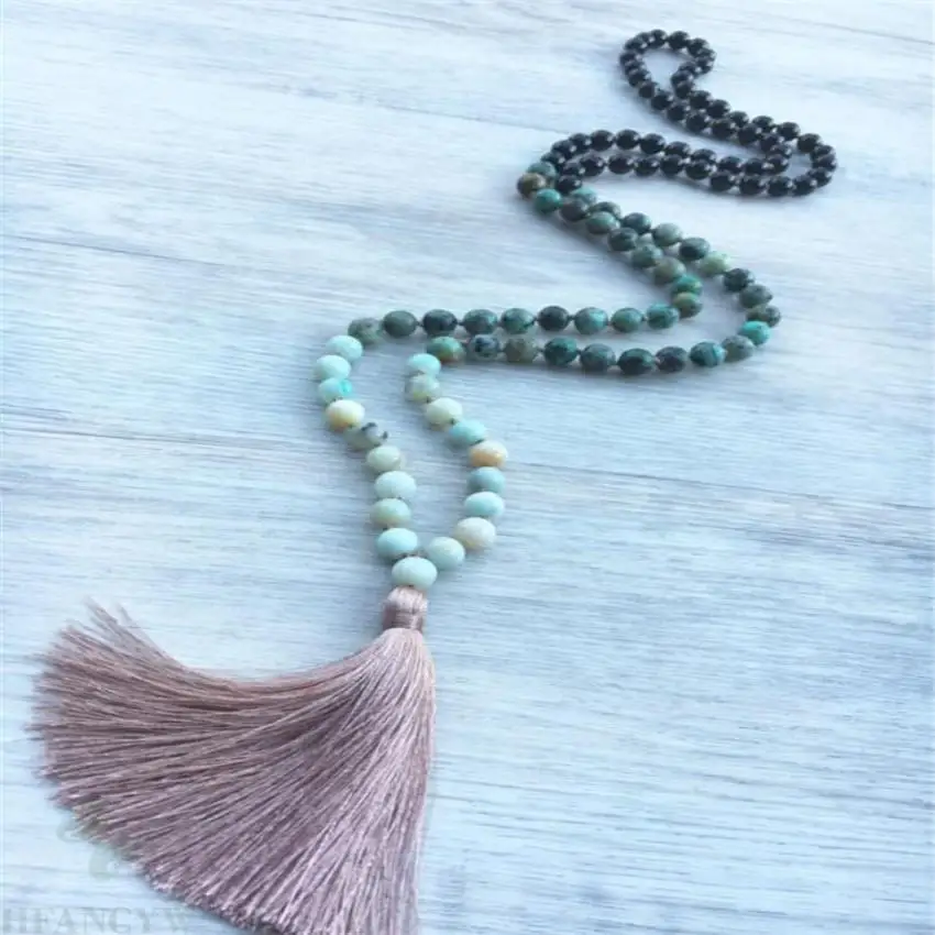 

8MM Obsidian Amazonite Turquoise 108 bead mala necklace spirituality Gemstone Wrist Handmade Stress Healing natural Meditation