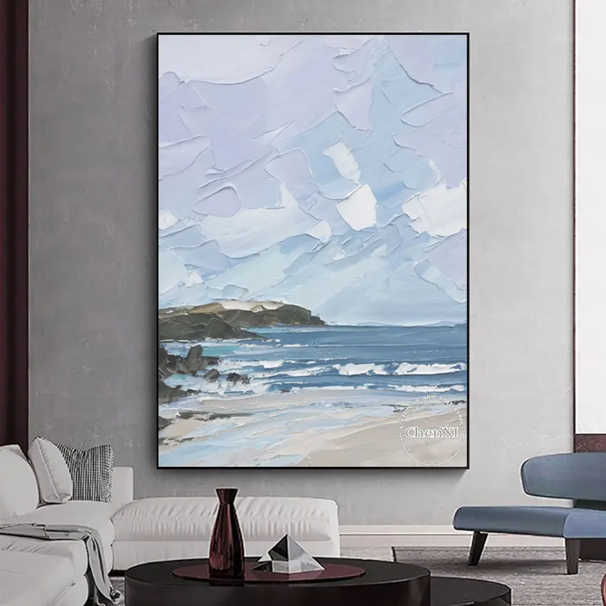 

The Waves Lap The Shore Of Rock Wall Art Oil Painting On Canvas, Large Handmade Modern Office Bar Decoration, No Framed