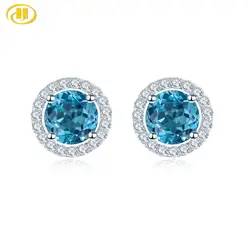 Hutang Round cut 5.0mm Blue Topaz 925 Sterling Silver Stud Earrings Natural Gemstone Fine Elegant Women Jewelry for Gift