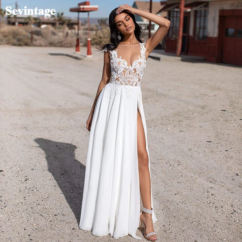 Strand Boho hochzeit Kleid Sexy Backless Split Side Braut Kleid Spitze Appliques Weiße Brautkleider Nach Maß