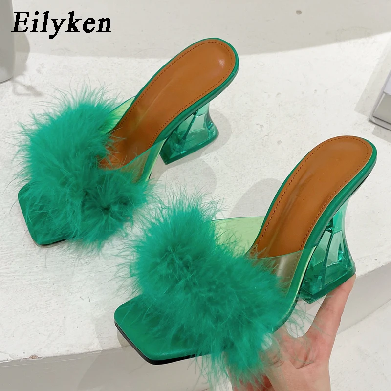 Eilyken Feather Transparent Strange High Heels Fur Slippers Sandals Women Peep Toe Mules Lady Pumps Slides Size 35-41