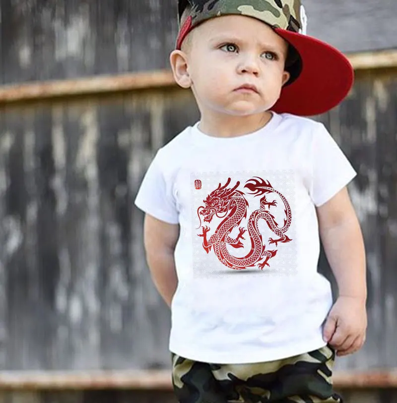 

Fashion Casual Chinese Style T Shirt Enfant Printed Dragon T Shirt Boy White Short Sleeve Harajuku Kids Crew Neck Girls T Shirts