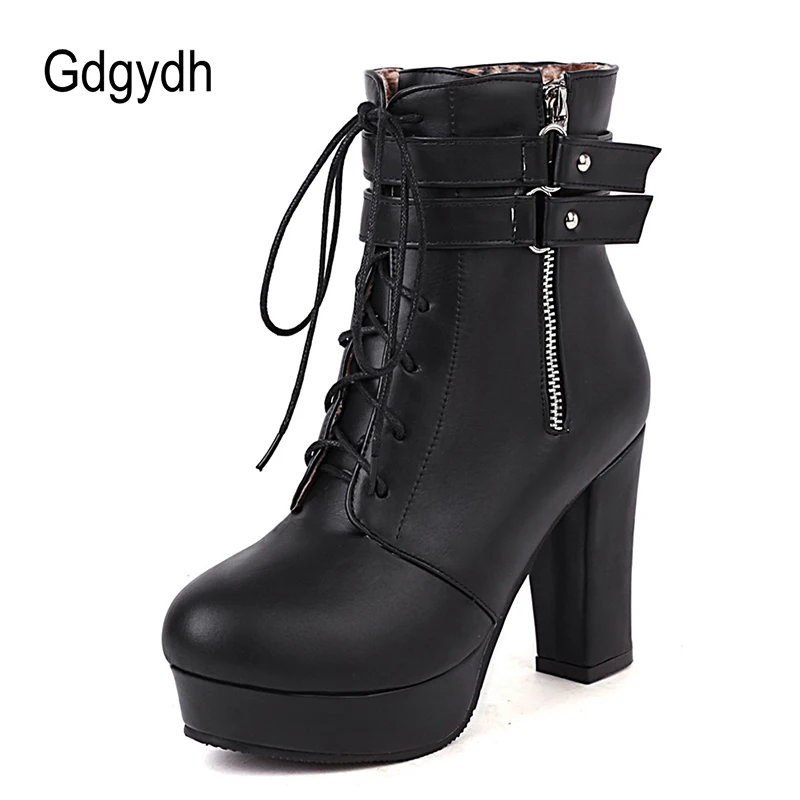 Gdgydh Black Boots Woman Vintage Buckle Casual Lady Boots High Heels Fashion Zipper Sexy Motorcycle Boots For Women Plus Size 46