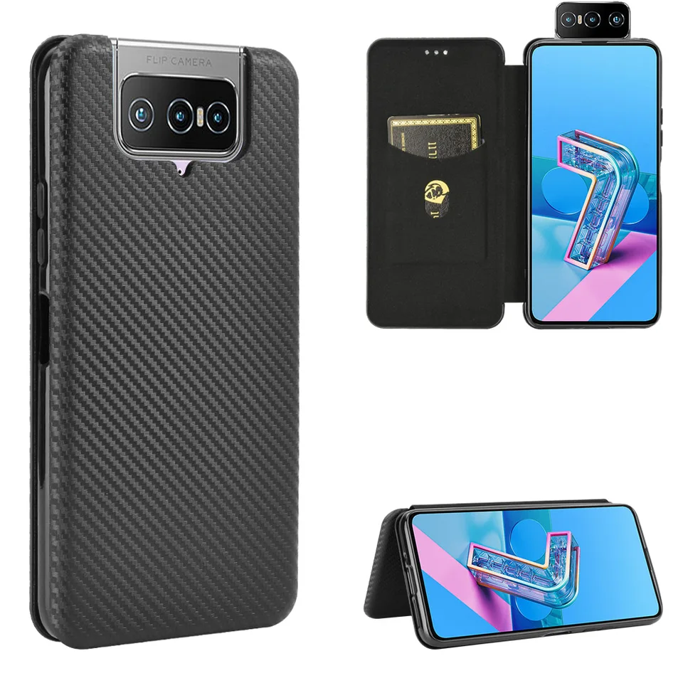 For Asus Zenfone 7 ZS670KS Case Carbon Fiber Flip Leather Case For