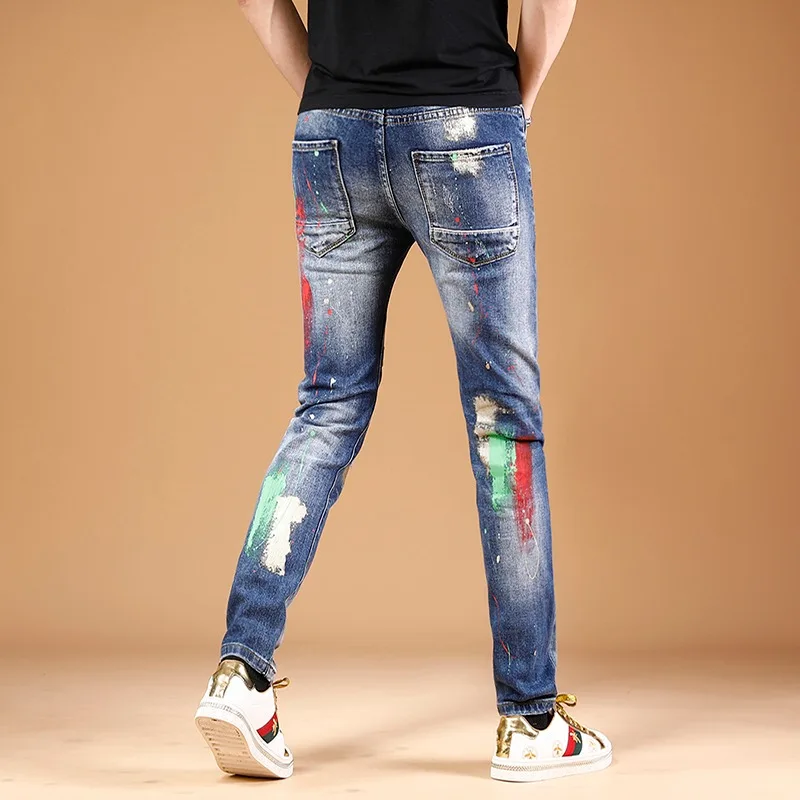 Men Ripped Jeans Streetwear Pants Graphic Printed Patches Blue Jean Homme Fashion Hip Hop Clothing Straight Leg Denim Trousers