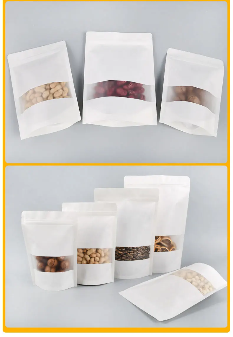 50Pcs White Kraft Paper Bags Stand Up Zipper/Zip Lock Candy Tea Dried Fruit Gift Packaging Moisture-proof Open Window Pouch