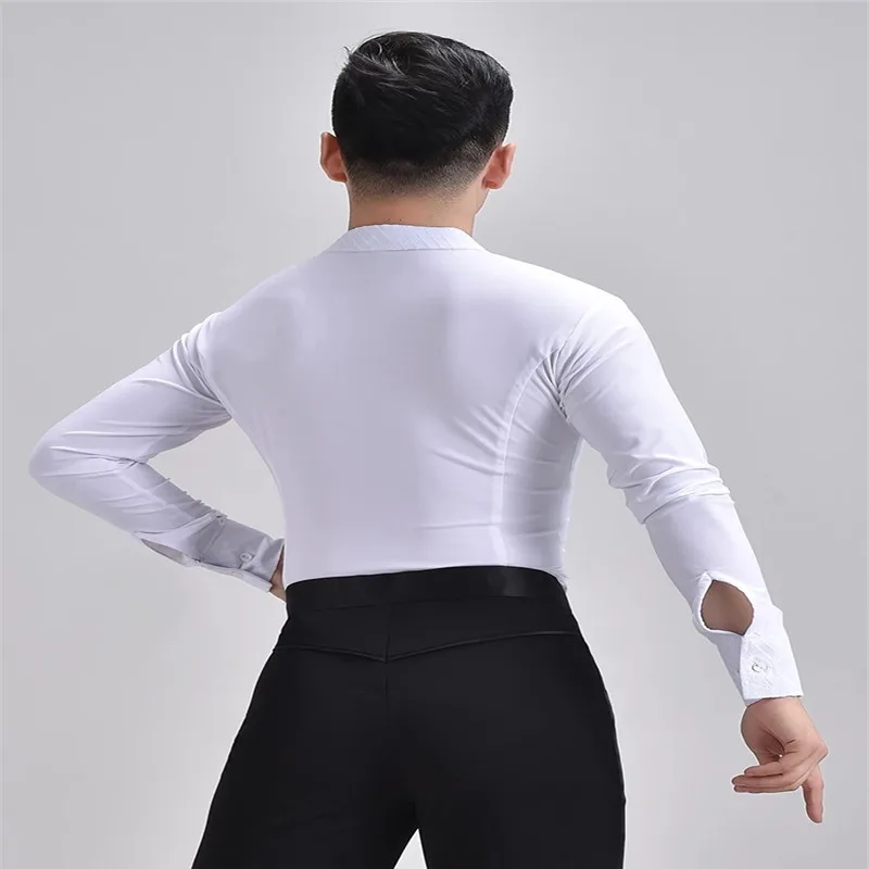 Camisa de baile latino con cuello en V para hombre, top de Baile Estándar, ropa de práctica de baile de salón, Samba blanca, Vals, Sexy