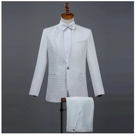 black white Shining Diamond suit (Jacket+Pants) Formal male suits 2 piece sets host singer dancer Master for Wedding costumes