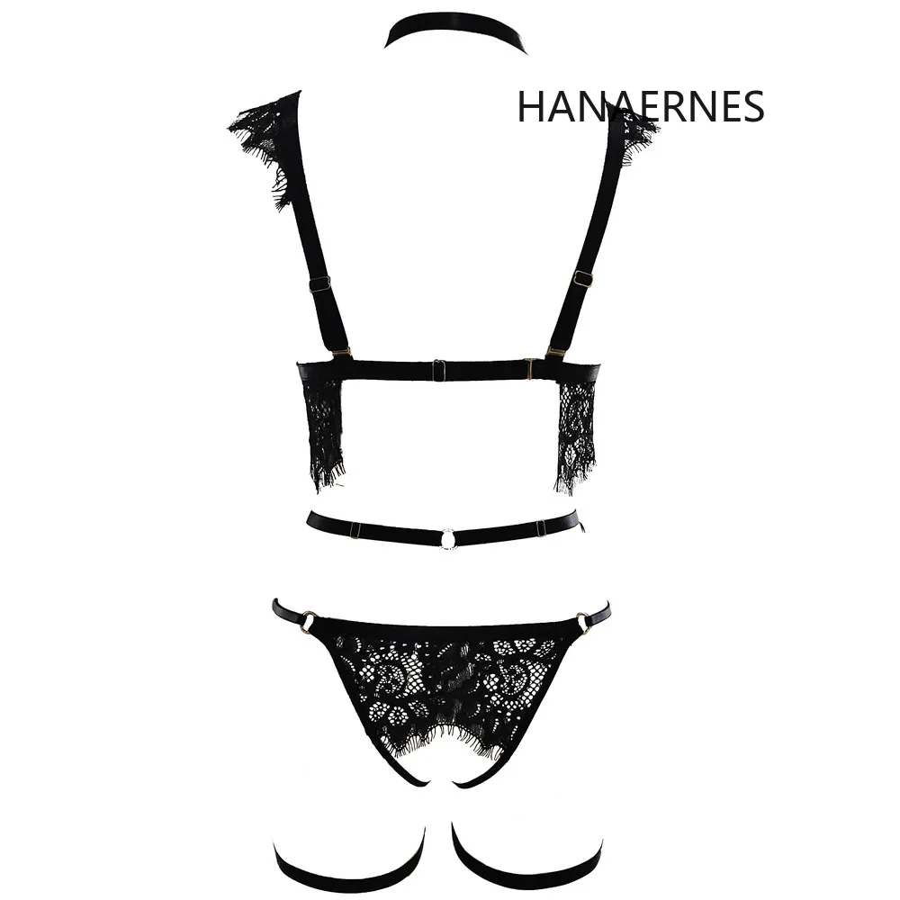 HANAERNES Sexy black lace open chest cage Bra Harajuku Gothic crop top bondage nightclub woman sexy harness lingerie