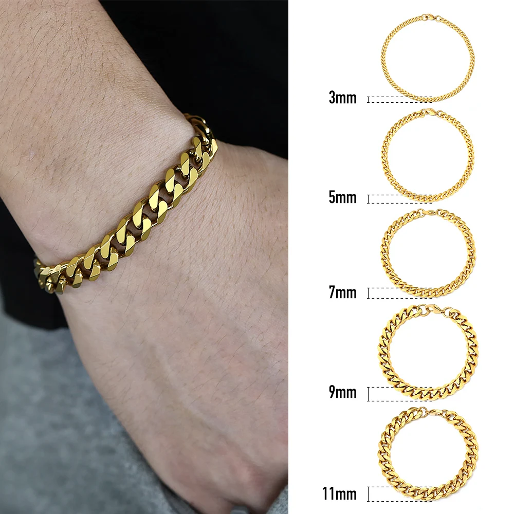 Men's Bracelet Curb Cuban Link Chain Stainless Steel Womens Bracelets Bangle Gold Balck Silver Color 3mm-11mm Jewelry Gift KBB9