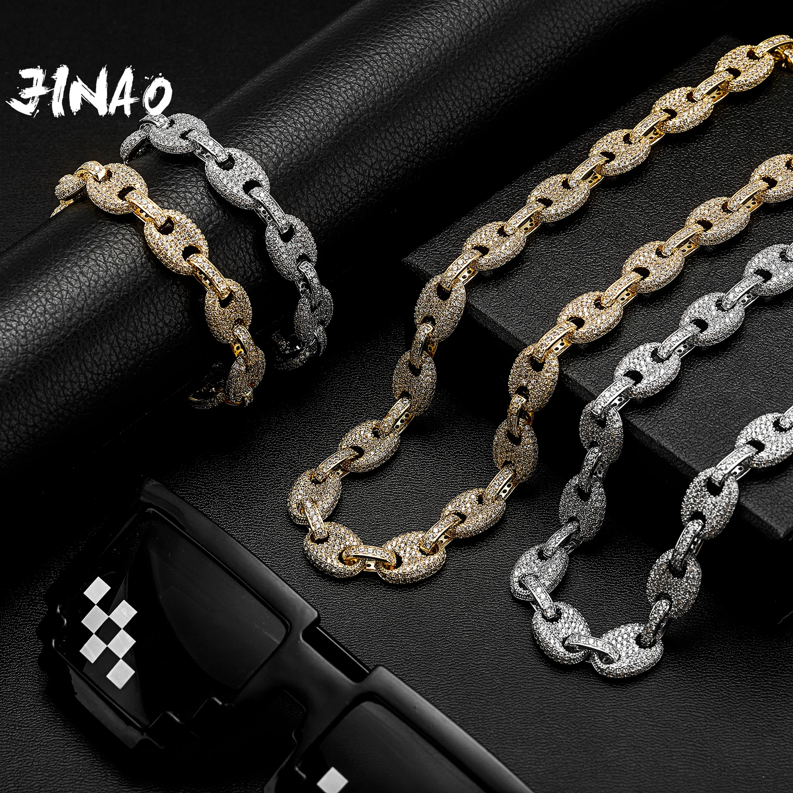 

JINAO 2021 Chocolate Beans Design Ice Cravejado AAA+ Cubic Zircon Charm 12mm Miami Cuban Chain Iced Necklace Jewelry For Gift