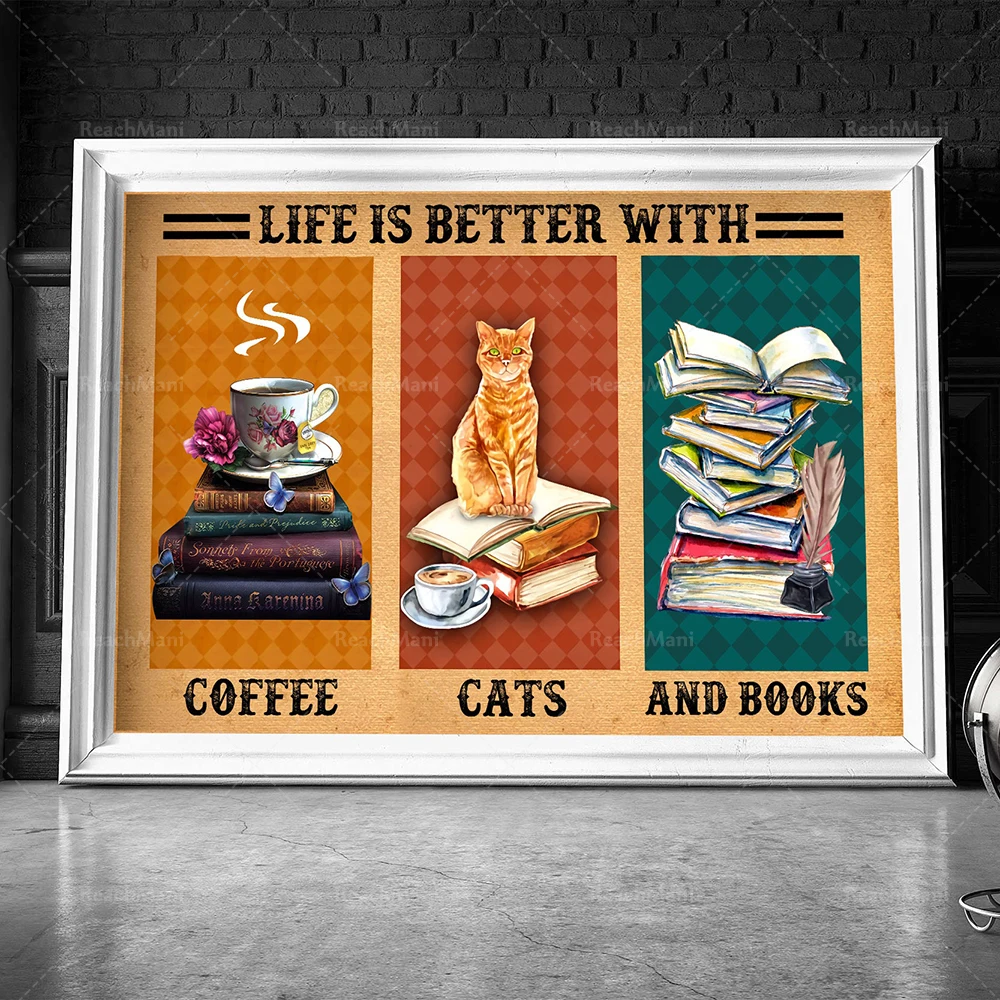 Cats and book posters, cafe cats and book posters make life better, retro cat wall art, love to read prints, gift for book lover