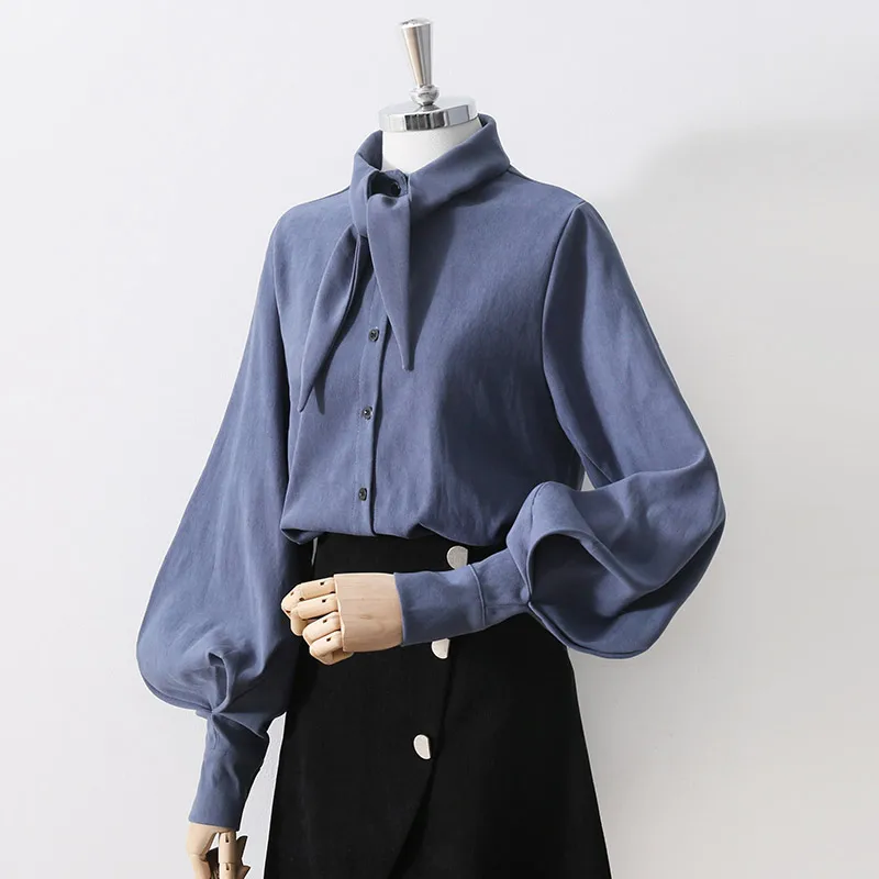 Big Bowknot Rabbit Ear Womens Tops and Blouse 2021 Spring Korean Fashion Casual Lantern Sleeve Ladies Button Up Shirt White