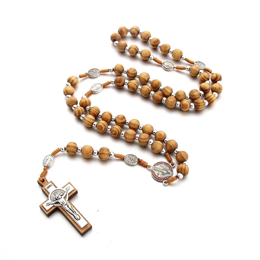 Natural Pine Cross Pendant Necklace Catholic Rosary Christian Religious Jesus Cross Exorcism Necklace Hand-woven Jewelry