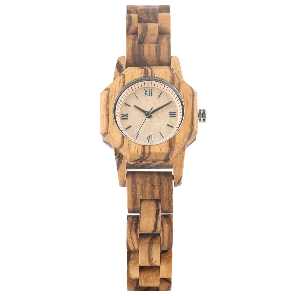 Quartz Wooden Watch for Women Wood Strap with Folding Clasp Wristwatches for Ladies Roman Numerals Dial for Girls