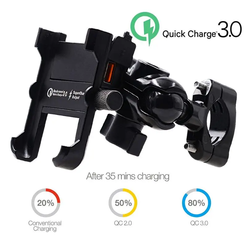 Waterproof Metal Motorcycle Smart Phone Mount with QC 3.0 USB Quick Charger Motorbike Mirror Handlebar Stand Holder for Samsung