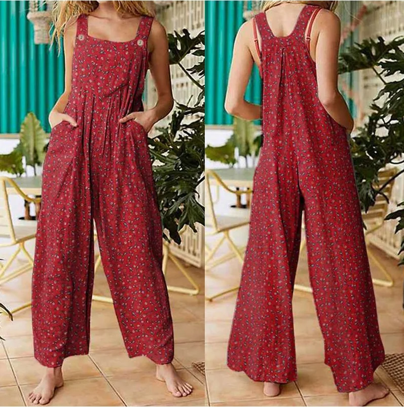 Summer New Women Casual Loose Flower Print Jumpsuits Women\'s Overalls Boho Sleeveless Square Collar Jumpsuits Rompers