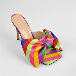 Onlymaker Peep Toe Mules Black Matte Colorful Slip On  Thin High Sandals Big Size  the bow Cute Sandals