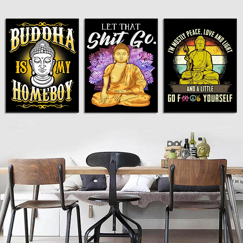 High Quality Funny Buddha Painting Canvas Wall Art Buddha Print Let That Shit Go Quote for Living Room Bathroom Wall Art Decor