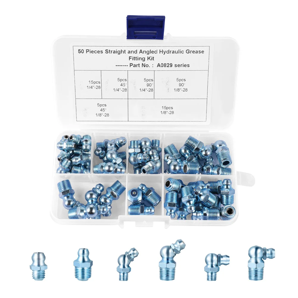 

UKCOCO 50Pcs A0829 Grease Fitting Assortment Kit Hydraulic Zerk Grease Fitting Grease Zerks Assortment Set