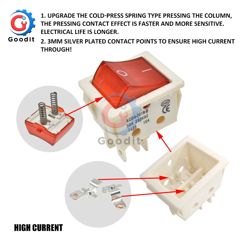 5Pcs/Set 4 Pin Rocker Switch 2 Position Lamp Light ON/OFF 30A/250V KCD4 Toggle Power Switches Silver Contacts 25*31MM