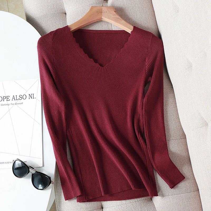 

basic wavy v-neck solid autumn winter Sweater Pullover Women Female Knitted sweater slim long sleeve badycon sweater cheap