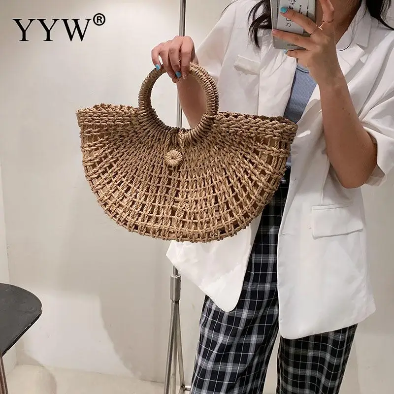 Moon Shape Handmade Bags for Women Weaving Ladies Straw Bag Large Women Handbags Straw Bag Clutch Top Handle Handbags Hollow