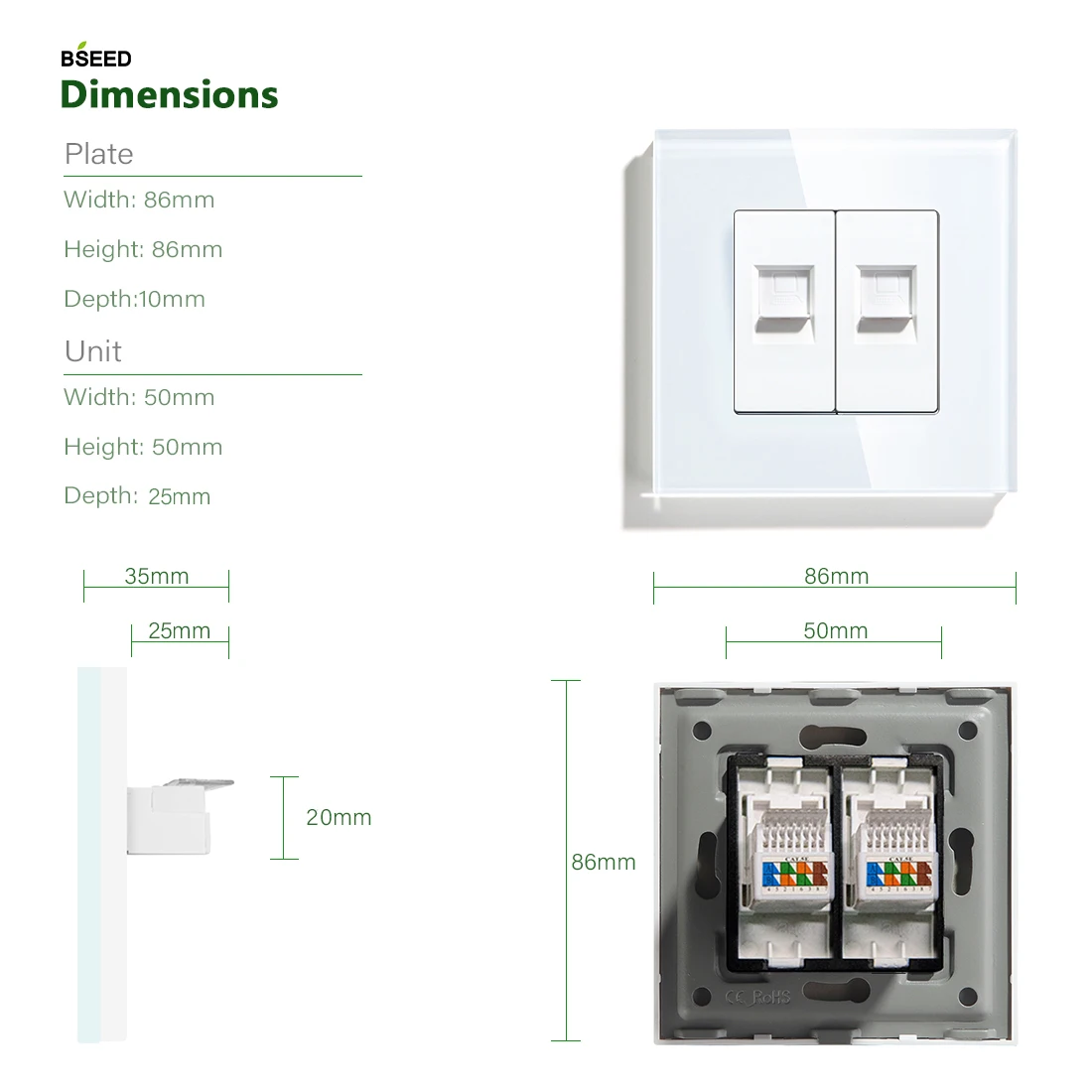 BSEED doppia presa a muro Internet RJ45 porta per Computer di rete dati CAT5 pannello Cyrstal Galss Standard ue 86*86mm