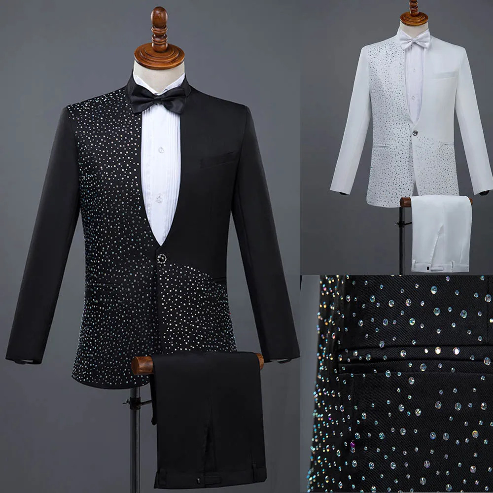 Unique Business Men Suits 2 Pieces Stand-up Collar Sequin Singer Host Costume Prom Wedding Groom Groomsman Black Customized