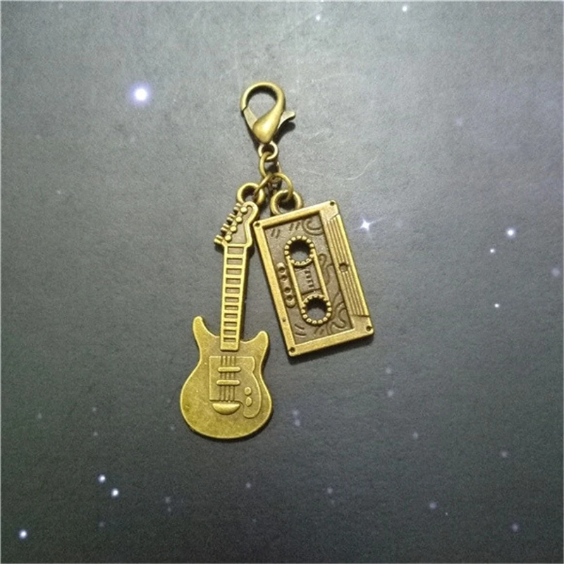 2 Pcs Bronze Color Cassette Tape Clip on Charm Guitar Clip on Charm Perfect for Necklace and Bracelets