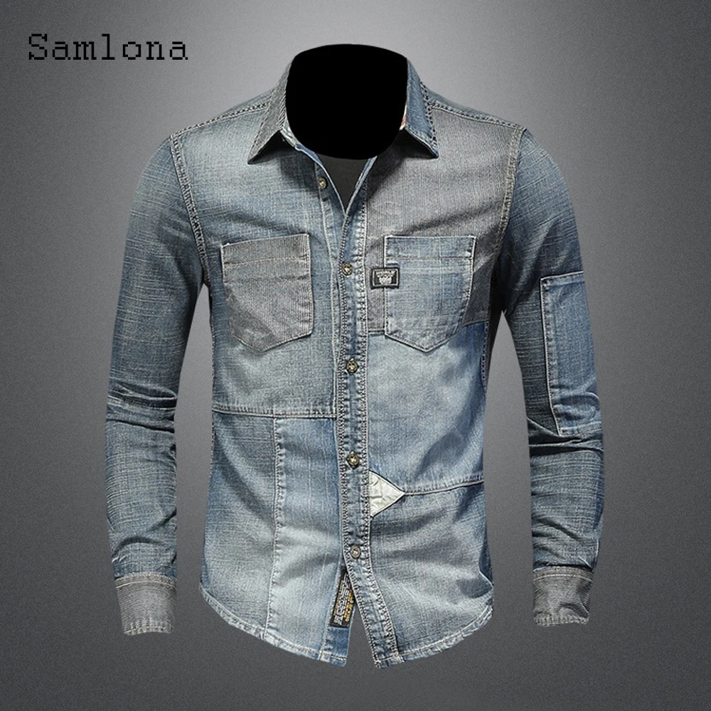 Long Sleeve Men Fashion Tops Streetwear 2022 Summer New Patchwork Denim Shirt Casual Slim Jean Denim Blouse Sexy Mens Clothing