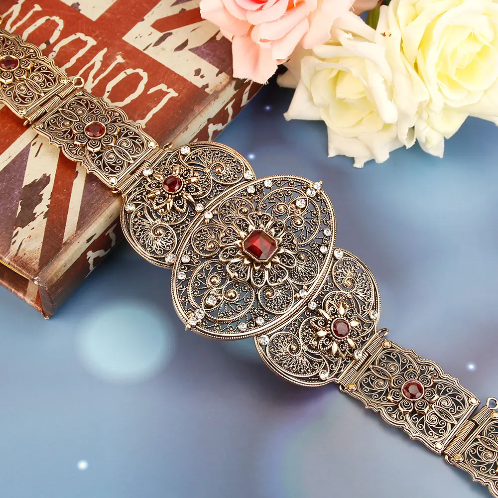 Sunspicems Retro Gold Color Morocco Belt For Women Crystal Arab Ethnic Wedding Jewelry Waist Chain Algeria Bridal Caftan Belt