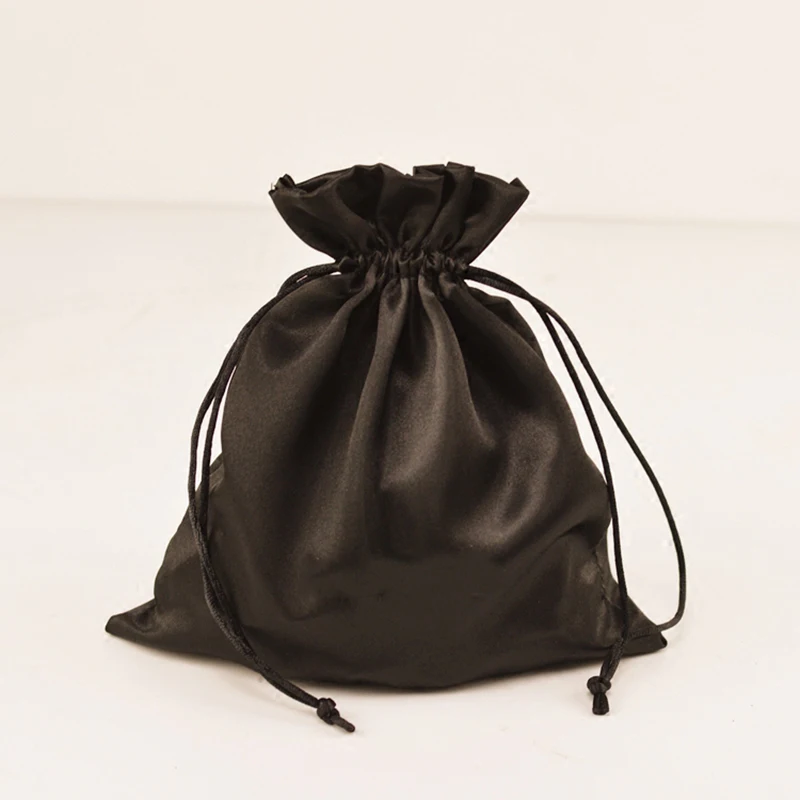 Drawstring Bag Jewelry Pouch Black Satin Gift Bag Wood Ear Pocket Hair Extensions Packaging Bags Manufacturer Custom Logo 50P