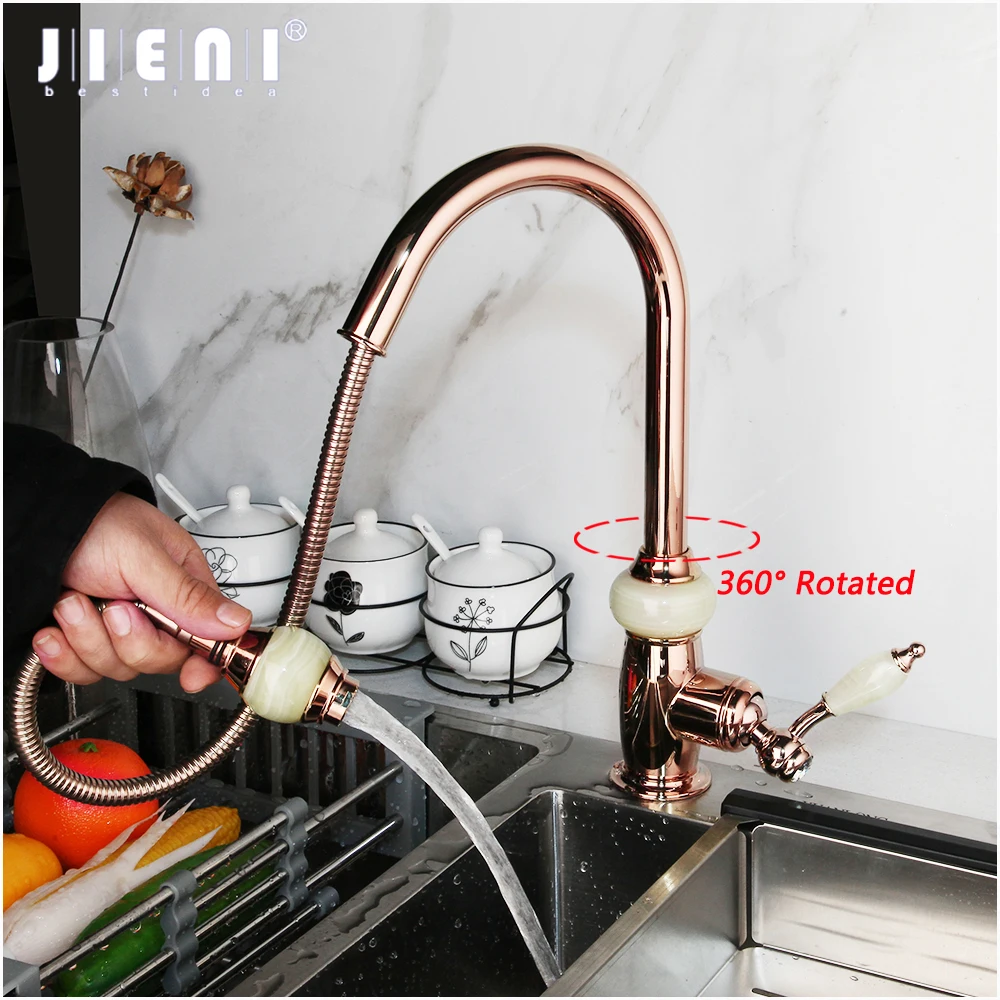 JIENI Golden Plated Swivel Pull Out Kitchen Faucet Jade & Diamond Handle Tap Golden Polished Rotated Kitchen Basin Mixer Tap