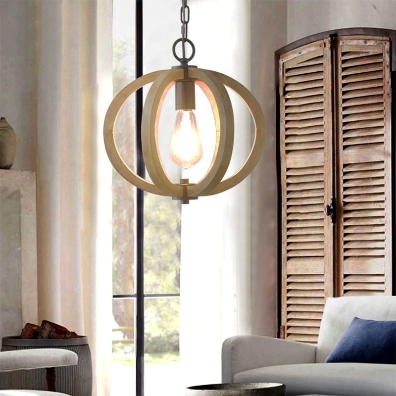 Lampu gantung industri Lampu led kayu antik Perancis Lampu gantung lentera putih Liontin loteng Dapur Rumah Pertanian Kayu Kecil