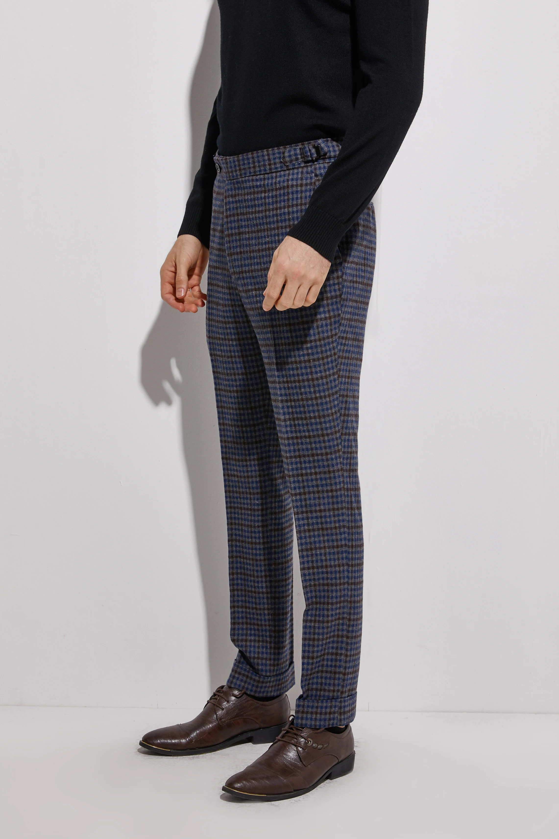 2020 Flannel Pants With Cuff Dark Blue Plaid Men Slim Fit Business Pants Custom Made Flannel Trousers With Side Adjusters