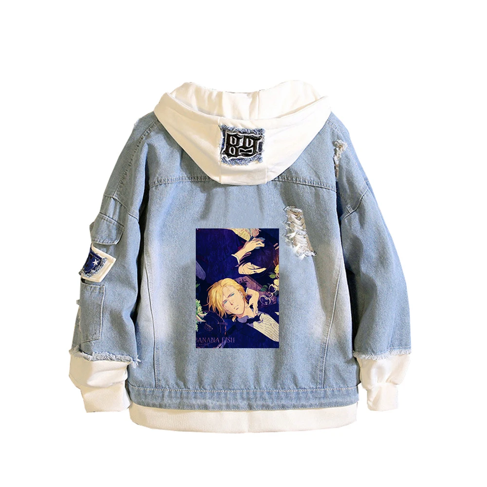 Banana Fish Painting Jeans Jacket  Ash Lynx Anime Denim Hoodies Harajuku Streetwear Long Sleeve Women Sweatshirt  Couple Costs view 4