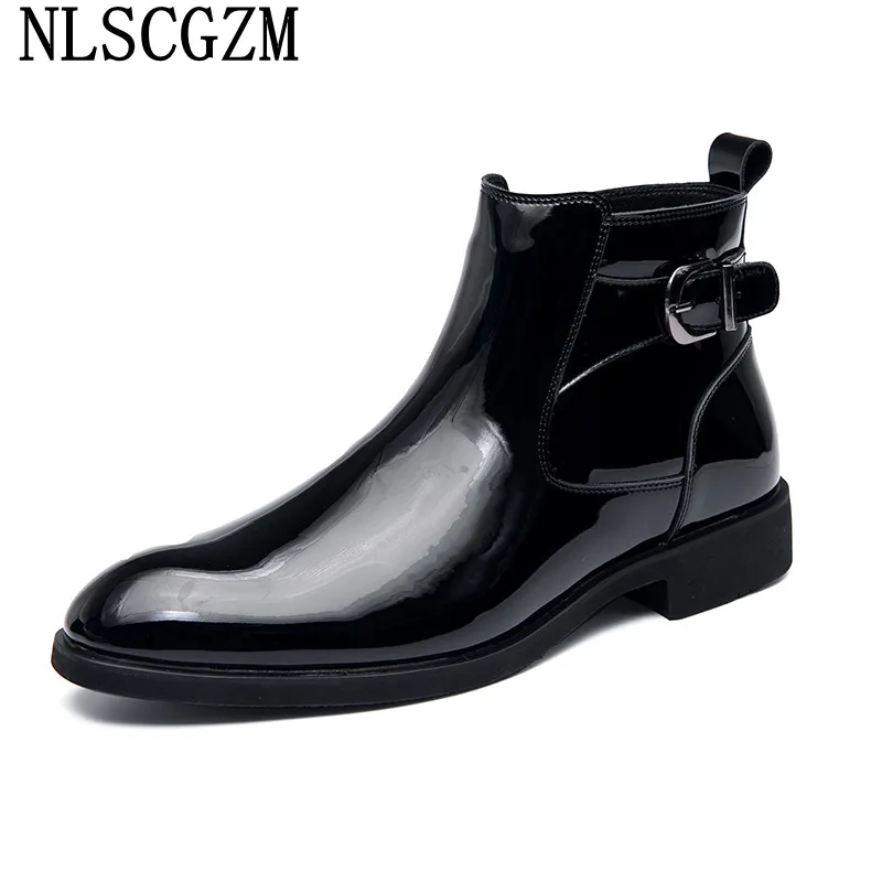 

Patent Leather Ankle Boots for Men Male Chelsea Boots Men Leather Casual Shoes Chunky Boots Designer Shoes Zapatillas De Hombre