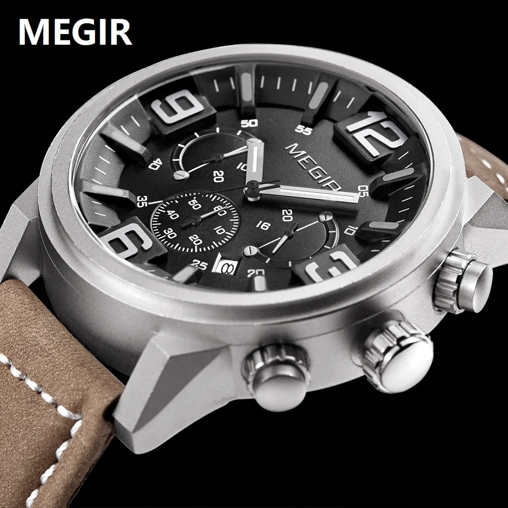 MEGIR Genuine Leather Quartz Sports Military Style Watch 3ATM WaterProof Chronograph Man Wristwatches Male Fashion Casual Clock