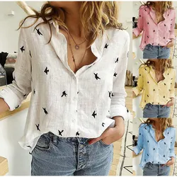 Women's Birds Print Shirts 35% Cotton Long Sleeve Female Tops 2023 Spring Summer Loose Casual Office Ladies Shirt